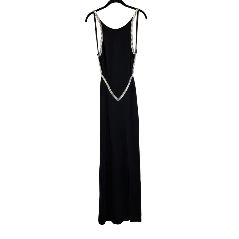 Cache Vintage Black Rhinestone Trim Open Back Maxi Evening Gown Dress Womens
